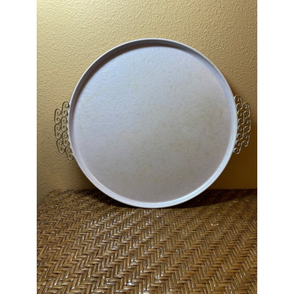 Vintage Mid-Century Morie Glaze KYES  Enameled  Tray White Round Handles 14"